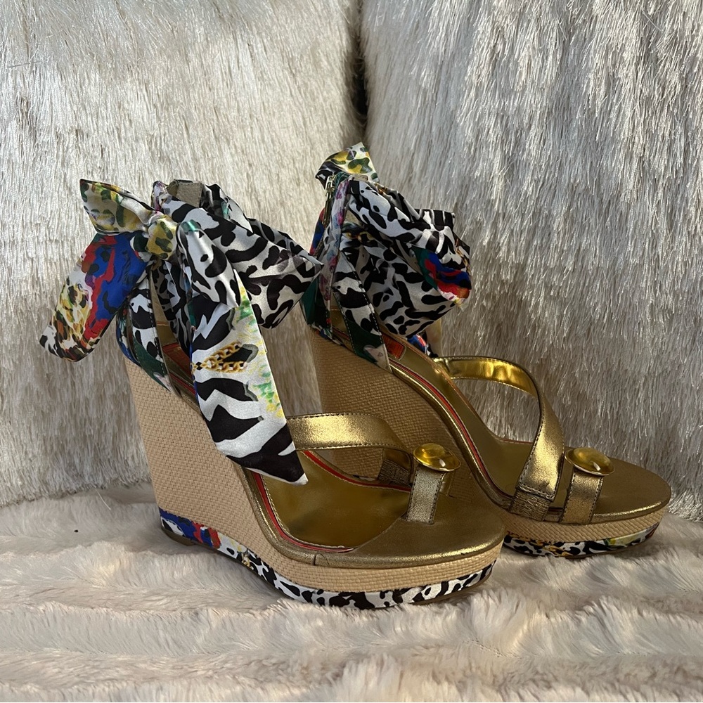 Falchi Jungle Floral Theme Silk Ribbon Wicker Wedges w/Gold Straps